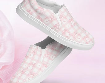 Pink Checkered Womens Slip On Canvas Shoes with Bows, Pink Sneakers, Casual Comfortable Everyday Shoes, Bow Pattern, Lightweight Slip Ons