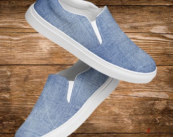 Denim Style Slip On Shoes for Women | Regular Faded and Dark Canvas Sneakers | Casual Jean Print Flats | Lightweight Fall Footwear