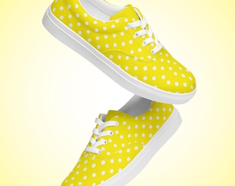 Bright Yellow Polka Dot Lace Up Sneakers | Casual Bold Canvas Shoes | Lightweight Comfortable Fashion Footwear