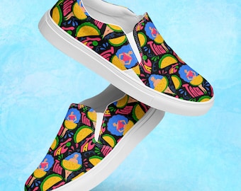 Mens Taco Belle Pop Art Design Slip On Shoes | Food Fashion Canvas Sneakers | Streetwear Apparel | Bold Graphic Footwear for Him