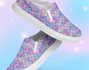 Zapatos de sirena sin cordones para mujer / Zapatillas de lona con estampado de escamas de colores / Zapatos náuticos con temática oceánica / Calzado vacacional vibrante