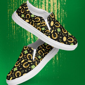 St Patricks Day Shoes, Irish Luck Womens Canvas Slip On Sneakers, Green Shamrocks and Four Leaf Clovers, St Pattys Day Footwear