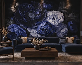 Mural de papel pintado autoadhesivo con diseño floral de peonía oscura / Decoración de pared azul removible