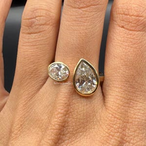 Pear & Oval Moissanite Engagement Ring, 14K Solid Gold Double Stone Ring, bezel set ring, Toi et Moi Ring for Women, Personalized Gift