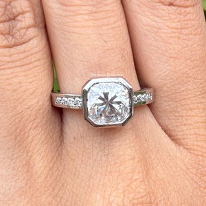 Cushion Cut Moissanite Ring, Bezel Setting Solitaire Ring,  14K Yellow Gold Wedding Ring, Simulant Diamond Anniversary Silver Ring For Her