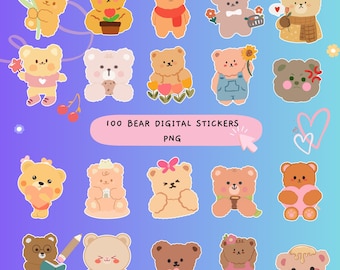 100 PNG Cute Kawaii Bear Stickers Clipart Digital, Colorful Bear Graphic Sticker, Cute Bear Art Sticker Instant Download Printable