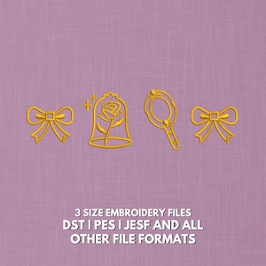 May include: Gold embroidery designs of a bow, a rose in a glass dome, and a hand mirror on a purple background. The text at the bottom reads "3 SIZE EMBROIDERY FILES DST | PES | JESF AND ALL OTHER FILE FORMATS."