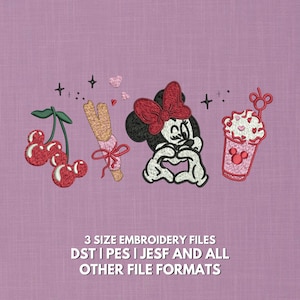 May include: An embroidered design on a lavender background features a cluster of cherries, an ice cream bar, Minnie Mouse making a heart with her hands, and a pink drink. The text at the bottom reads "3 SIZE EMBROIDERY FILES DST I PES I JESF AND ALL OTHER FILE FORMATS."
