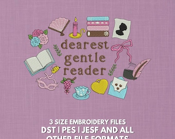 Diseño de bordado "Querido lector gentil" / Archivo de bordado a máquina para amantes de los libros vintage / Estética literaria coqueta / Diseño de regalo para el lector