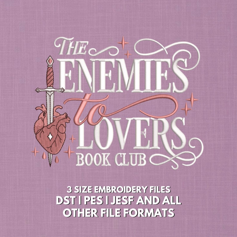 Dramatic machine embroidery design reading "The Enemies to Lovers Book Club" in a mix of elegant white serif block lettering and flowing pink script, with a detailed dagger piercing an anatomical heart on the left side and sparkle star accents throughout, on a mauve linen background