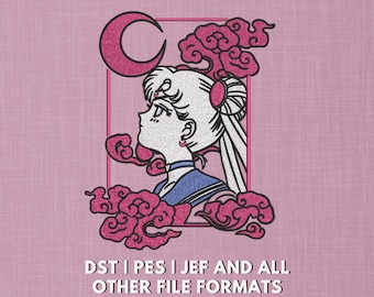 Diseño de bordado de chica anime en la luna / Diseño de bordado moderno de chica mágica / Bastidor de 5x7 pulgadas / Nubes celestiales y luna creciente / Diseño de bordado