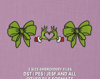 Diseño de bordado de manos y corazones del Grinch / Lazos navideños (Descarga digital)