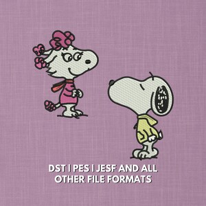 May include: An embroidered design featuring two cartoon characters on a lavender background. One character is wearing a pink dress and a pink bow. The other character is wearing a yellow jacket. The text "DST | PES | JESF AND ALL OTHER FILE FORMATS" is at the bottom.