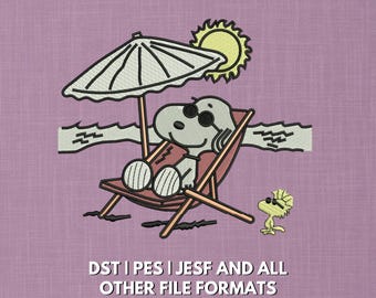 Diseño de bordado de Snoopy Summer Beach / Dibujos animados de Peanuts (bastidor de 5x7)