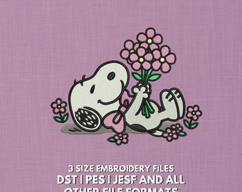 Diseño de bordado floral de Snoopy / Archivo de bordado de Snoopy con flores / Diseño de bordado moderno de cachorro primaveral
