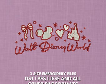 Diseño de bordado de Walt Disney World / Corazones de San Valentín con lazo de Castillo y Ratón / Diseño de bordado moderno y mágico inspirado en Disney