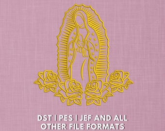 Diseño de bordado de Nuestra Señora de Guadalupe / Contorno de la Virgen María con rosas (Arco de 5x7, Archivos DST PES JEF VP3)