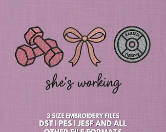 Diseño de bordado de chica de gimnasio: lazo, barra y mancuerna. Diseño de bordado moderno.