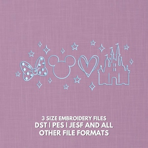 May include: Light blue embroidered design on a pink background featuring a bow with polka dots, Mickey Mouse head, heart, castle, and stars. Text at the bottom reads "3 SIZE EMBROIDERY FILES DST | PES | JESF AND ALL OTHER FILE FORMATS."