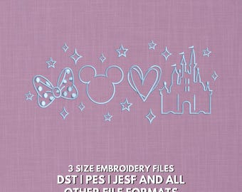 Diseño de bordado de iconos de parque mágico / Cabeza de ratón con lazo y corazón / Diseño de Disney de vacaciones de fantasía