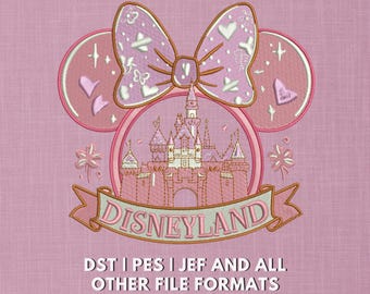 Disneyland Pink Castle Embroidery Design | Minnie Ears with Bow & Sparkles | Magical Mouse Trendy Embroidery Design | Fairy Tale Patch
