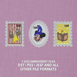 May include: Three embroidered patches featuring cartoon characters in a stamp design. One shows a character with buckets and a broom, another features a mouse wearing a wizard hat, and the last depicts a book with a wand. The text "3 SIZE EMBROIDERY FILES" is also visible.