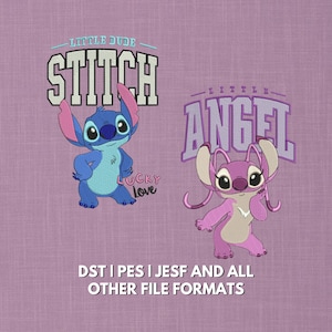 May include: Embroidered designs featuring the characters Stitch and Angel on a lavender background. Stitch is blue with the text "LITTLE DUDE STITCH" above him and "LUCKY Love" below. Angel is pink with the text "LITTLE ANGEL" above her. The image also includes file format information.