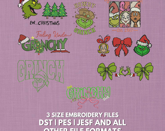 Paquete de diseños de bordado navideños del Grinch / Patrones de personajes navideños (descarga digital)