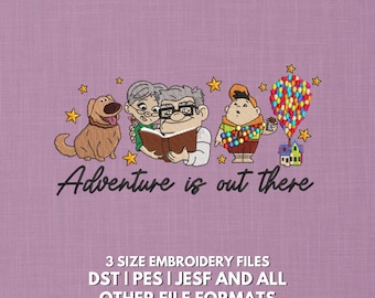 Diseño de bordado "La aventura está ahí fuera" / Bonita casa de globos y amigos / Archivo de bordado a máquina con cita de viaje caprichosa