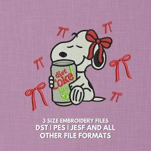May include: An embroidered design of a cartoon dog with a red bow, holding a Diet Coke can with a lime slice. Red bows are scattered around the dog. The text reads "3 SIZE EMBROIDERY FILES DST I PES I JESF AND ALL OTHER FILE FORMATS."