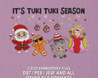 Diseño de bordado de personajes navideños bailando / Temporada Tuki Tuki (Descarga digital)