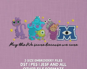 Diseño de bordado inspirado en Monsters University / Asustamos porque nos importa / Escuadrón de Monstruos / Archivo de bordado moderno estilo película infantil