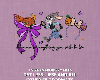 Diseño de bordado inspirado en Zootopia / Lazo de conejo policía y zorro / Diseño de bordado de diadema de animal / Diseño de cita