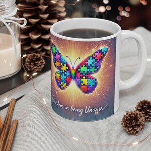 Butterfly Ceramic Mug, Autism Awareness Coffee Cup, Gift for Butterfly Lover, 11oz 15oz Mug, Unique Butterfly Design, Special Needs