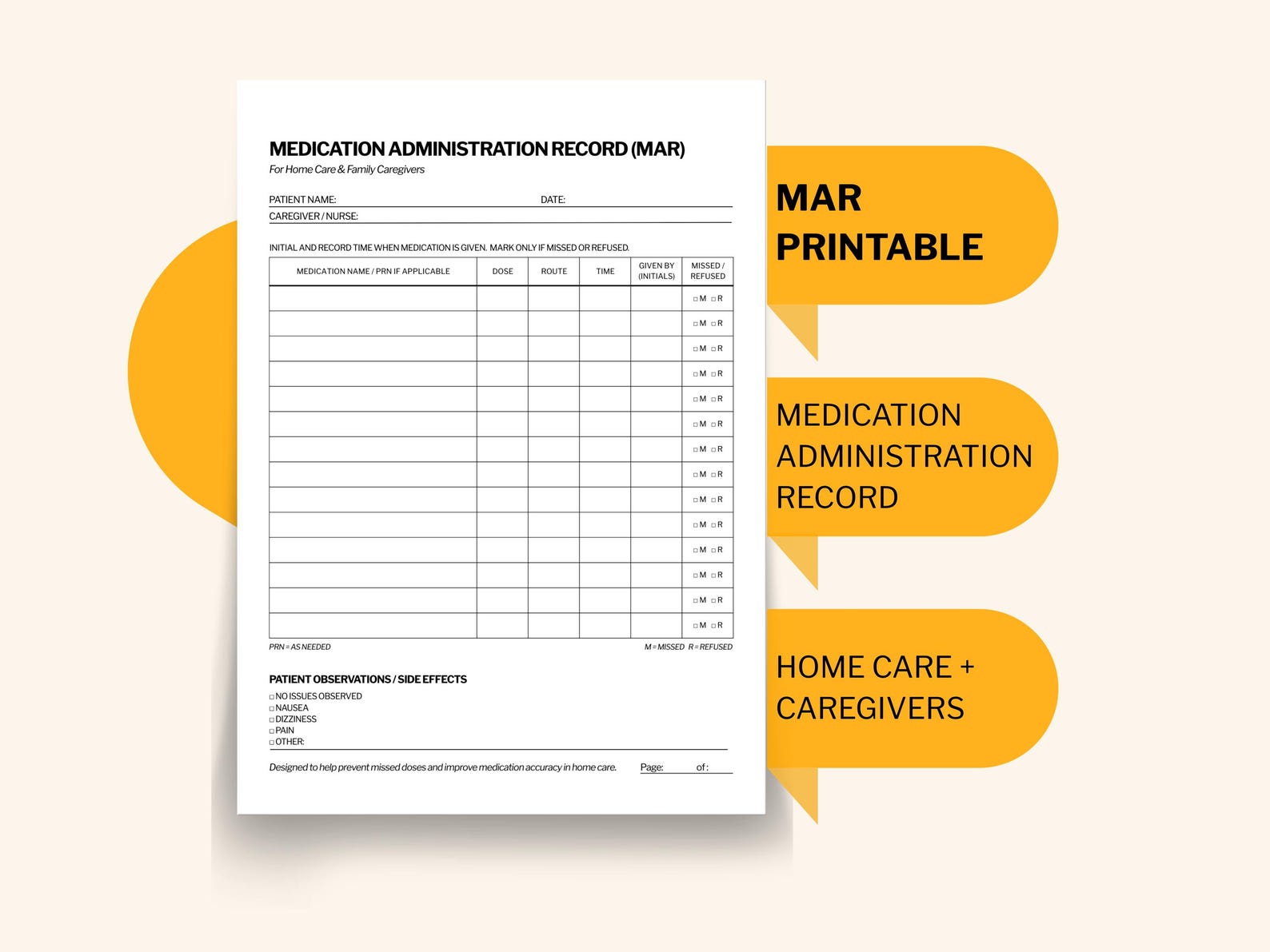 Home Care Medication Administration Record (MAR) Printable (US Letter ...