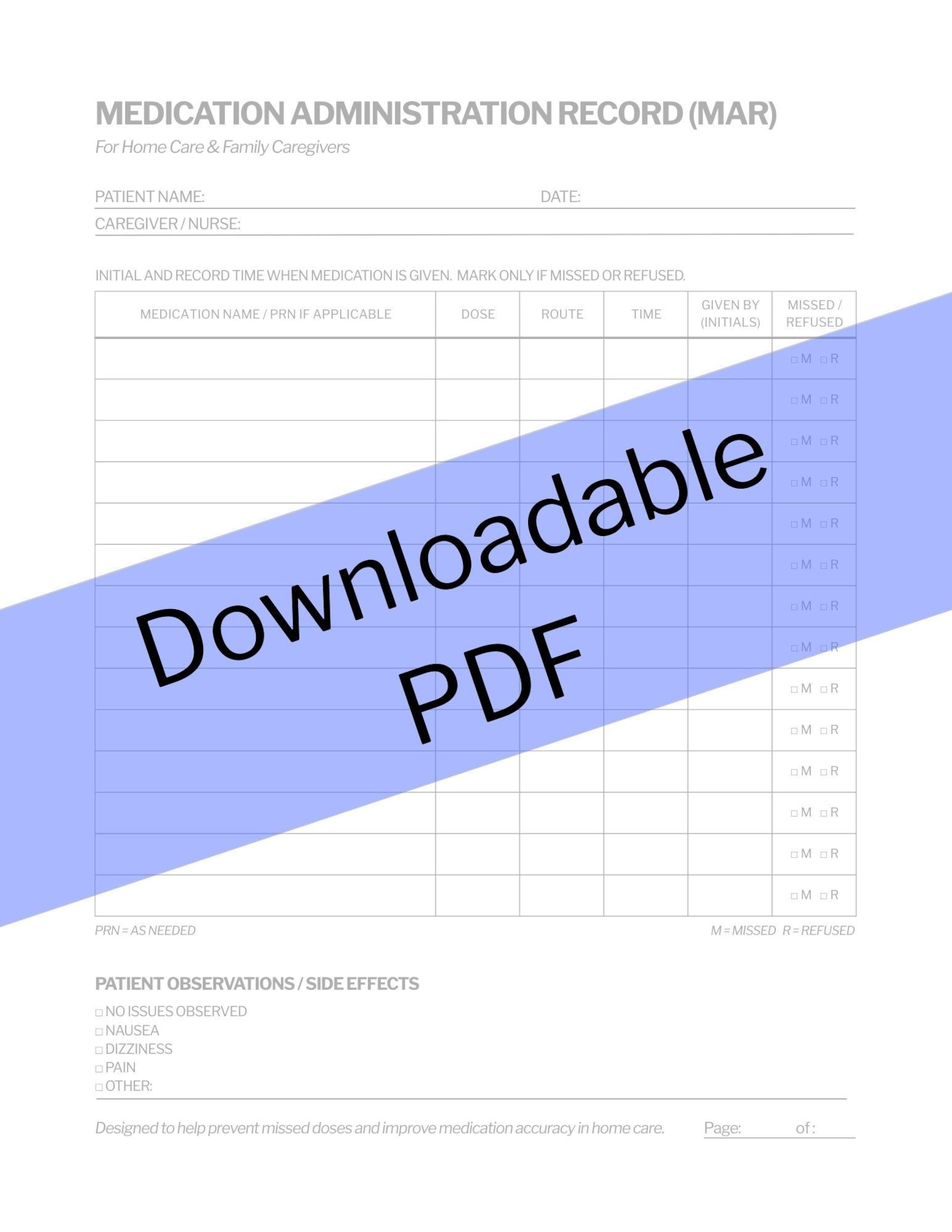 Home Care Medication Administration Record (MAR) Printable (US Letter ...