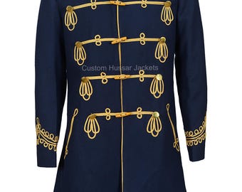 May include: A navy blue jacket with gold trim and buttons. The jacket has a mandarin collar and is decorated with gold braid. The text "Custom Hussar Jackets" is printed on the front of the jacket.