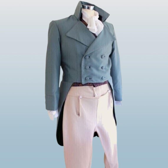 Men's Blue Wool Regency Tailcoat: Victorian Historical Reenactment Jacket