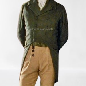 Men&#39;s Green Wool Military Tailcoat: Regency Victorian Cavalry Style