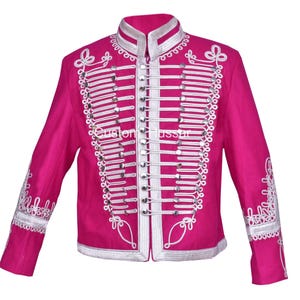 Uniforme napoleónico Chaqueta de húsar militar rosa Chaqueta de húsar vintage Túnica pelliza Chaqueta de banda de pipa Hendrix Nuevas chaquetas de moda de húsar para hombres