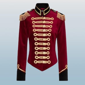 Handmade Ladies Hussar Jacket , Red Velvet Military Officer Hussar Jacket for Women&#39;s Pelisse girl&#39;s Fashion Jacket Napoleonic Hussar Jacket