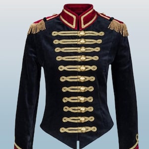 New Custom made Women&#39;s Black Military Jacket with Gold Epaulettes Velvet Napoleonic Military Parade Hussar Officer Jacket Gifts for Her