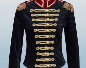 May include: A navy blue velvet jacket with gold rope and button detailing. The jacket features a high collar with red velvet trim and gold fringe epaulettes. A stylish military-inspired garment.