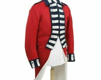 May include: A red military jacket with a white and blue striped trim. The jacket has a long tail and is made of a thick fabric.