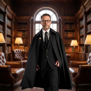 May include: A person wearing a black suit, white shirt, and black tie, with a black cape. The person is standing in a library with bookshelves and leather chairs. A gold emblem is on the cape.