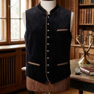Puede incluir: Un chaleco negro de terciopelo con cuello mandarín y botones plateados. El chaleco tiene dos bolsillos delanteros y está ribeteado con un material marrón claro. El chaleco se exhibe en un maniquí.