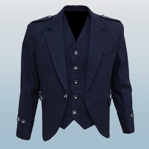 May include: A navy blue three-piece suit, comprising a jacket and waistcoat. The jacket has a notched lapel, decorative buttons, and silver-toned details. The waistcoat features a V-neck and matching buttons. The suit is tailored and appears to be made of a wool blend.