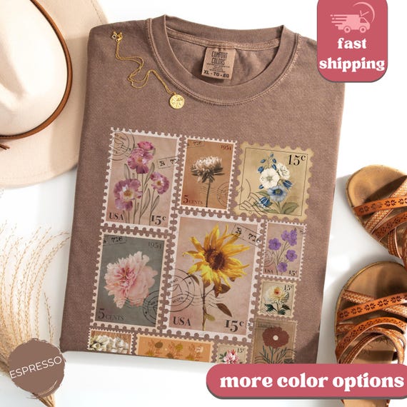 Vintage Flowers Stamp Shirt Retro Postage Stamp Tshirt Cottagecore Shirt Floral Wildflowers Tee Comfort Color Vintage Shirt Botanical Shirt