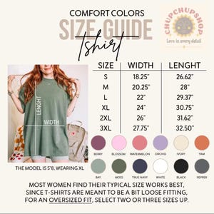 May include: Size guide for Comfort Colors t-shirts. The chart shows measurements for sizes S to 3XL, with width ranging from 18.25" to 27.75" and length from 26.62" to 32.50". Color swatches include Berry, Blossom, Watermelon, Orchid, Ivory, Yam, Bay, Moss, True Navy, White, Black, and Pepper.
