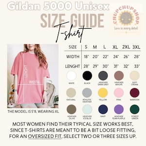 May include: A Gildan 5000 unisex t-shirt size guide featuring a chart with widths from 18 to 28 inches and lengths from 28 to 33 inches. It displays fifteen colour swatches including white, black, heather dark grey, mauve, cream, natural, and others.
